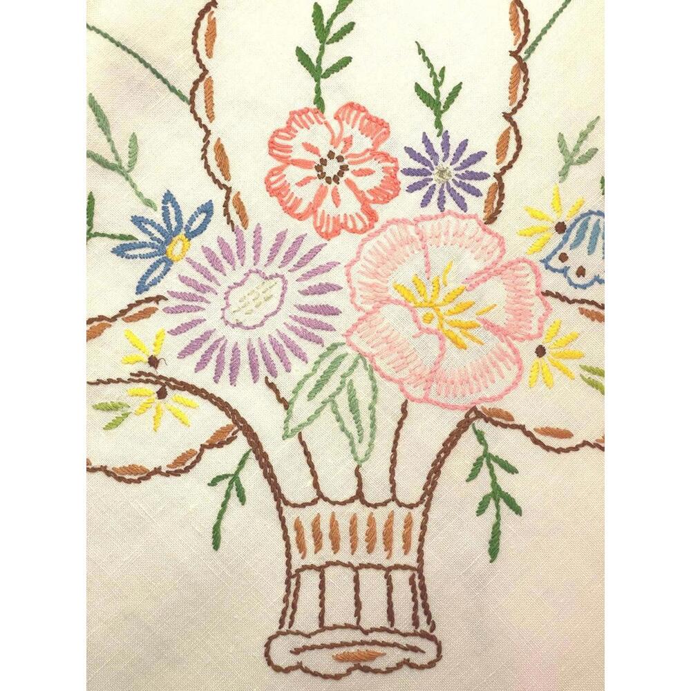 Vintage Hand Embroidered Linen Tablecloth Floral Basket 49 Inch Square